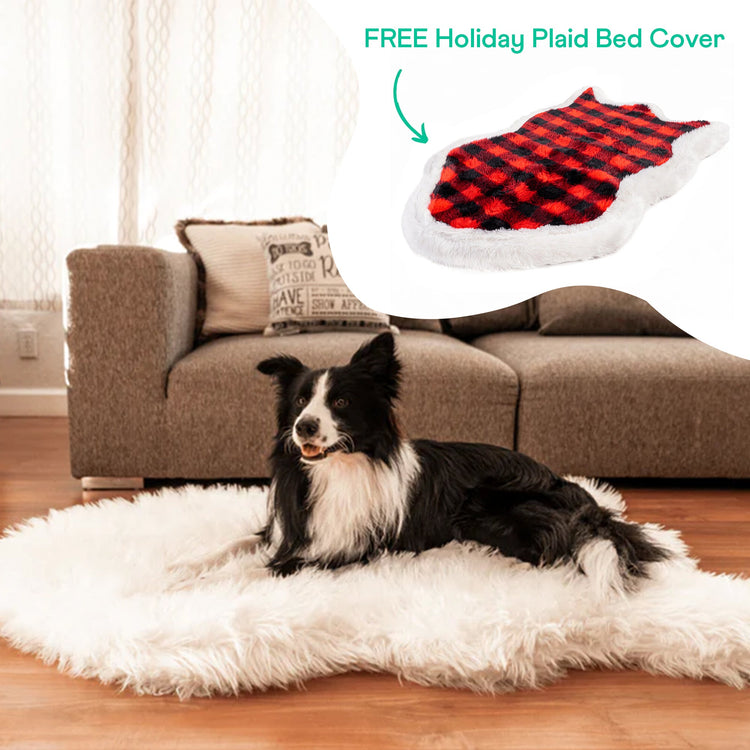 PupRug™ Faux Fur Polar White Orthopedic Dog Bed + FREE Holiday Plaid Bed Cover