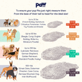 A Paw.com puppy size guide infographic showing different dog breeds, their weight limits, and corresponding tail-to-head measurements for Small, Medium, Large, and Giant sizes.