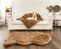 golden retriever and french bulldog on matching sable tan faux fur dog bed and blanket