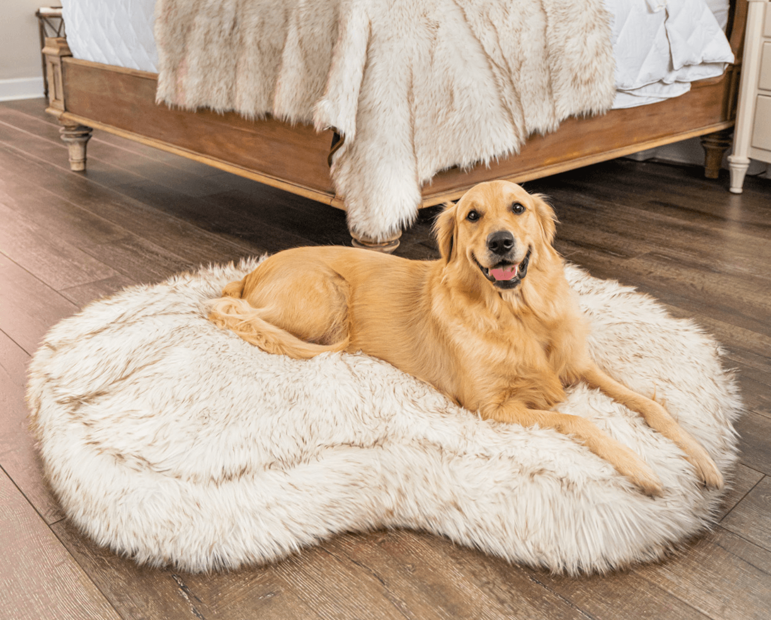 White fur store dog bed